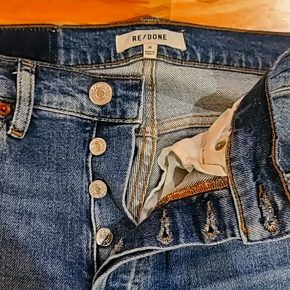 RE/Done jeans, 80's slim fit straight leg, dark wash, button fly